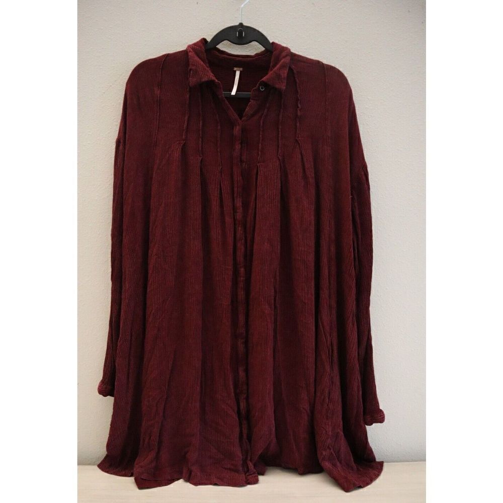 Free People Women's Sz XS Maroon Spin Me Oversized Button Down Shirt Dress